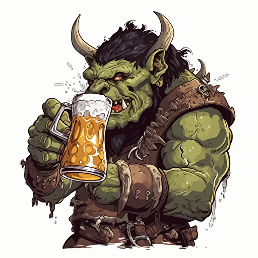 An orc drinking a huge pint of beer, no background, fantasy art, vector image,