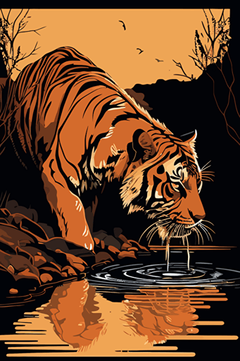 tiger drinking from a river, one color painting, vector art, simplistic, minimalistic, nature backround,
