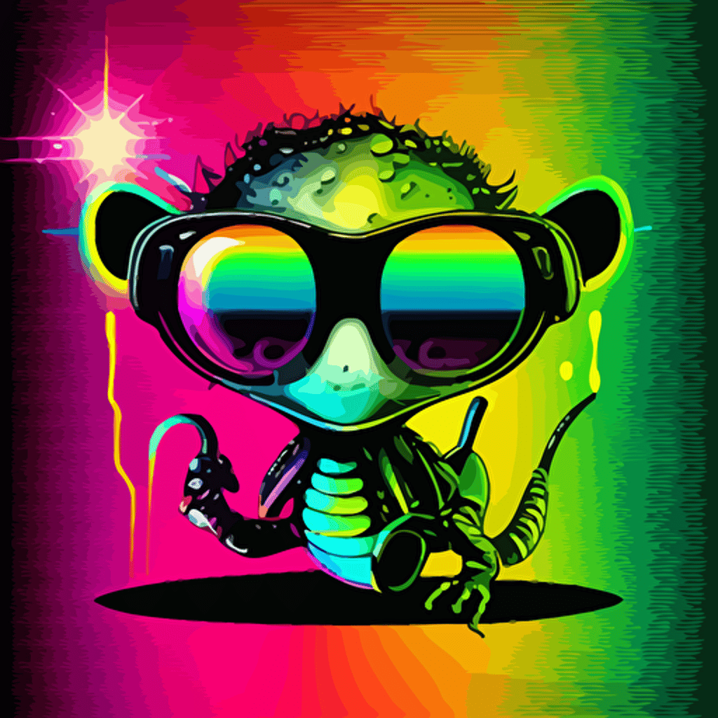 colorful synthwave style very cute baby alien, wearing very big reflective sunglasses, graffiti background, vector