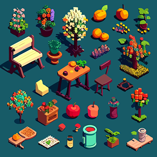 Pixel art ,Lovely flowers, fruits, chairs, trees,assets knolling items,vector