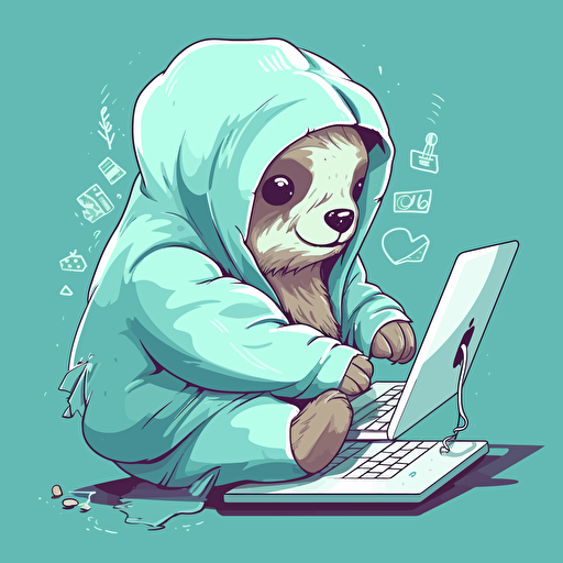 Cute vector image of sloth holding in a hoodie, holding computer, Hanging on edge, cyan color scheme,