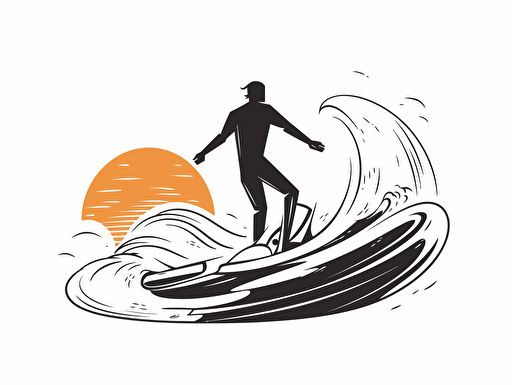 surfer on the wave beach sunny, stylized 2d, minimalist, simple, clean, professional design art vector, contour, white background