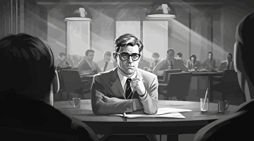 storyboard style, grayscale, vector drawing, shows serious looking CEO (age around 50 years) male sitting in modern meeting room alone, daytime, wearing expensive suit and glasses, holds ipad in front of his face, frowns, medium shot,