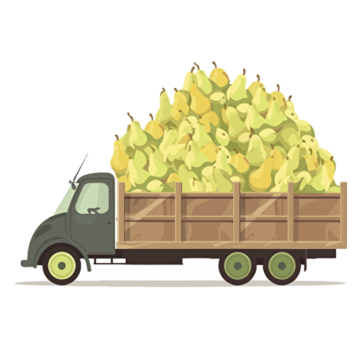 old country truck with wooden trailer full of yellow-white pears only, pears falling from the trailer, colorfull, vivid colors, white background, vector style