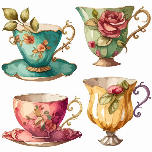 hand painted watercolor clip art of antique tea cups, vector image