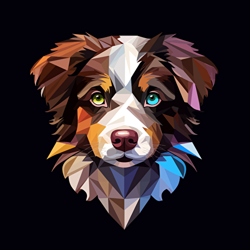 colorful origami tricolor Merle brown and grey Australian shepherd puppy dog with one blue eye and one brown eye, vector art, black background