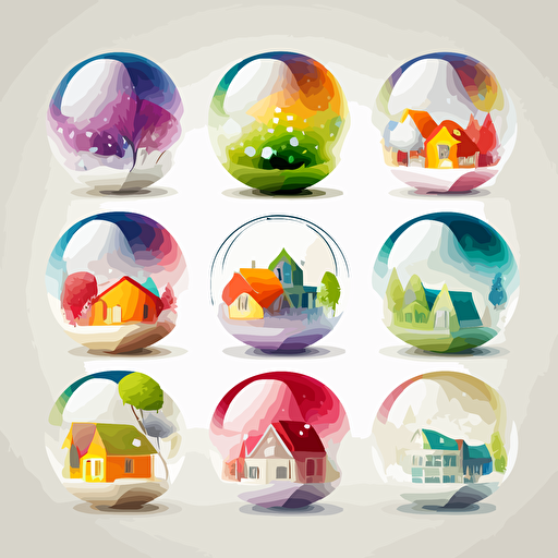 Collection of twelve transparent balls that explode completely with a small town inside. Nature is represented. Vector styling. Very colored. white background without shadow.
