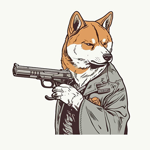 shiba inu in anime style 2/3 left side profile shot, Shiba Inu wearing gun, Vector illustration, white background