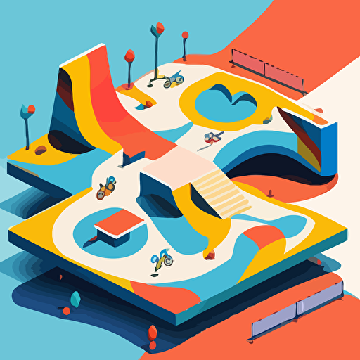 flat vector illustrator of a skatepark in tokio, blue, yellowe and red colors