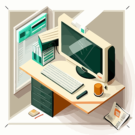 vector illustration of an empty post office worker's desk, view from top on a white background