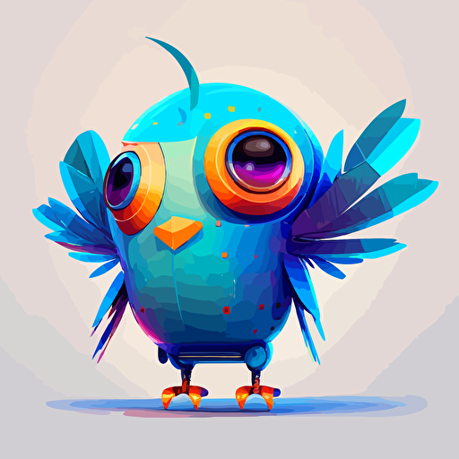chubby, happy, robotic blue bird, bottom heavy, large eyes, subtle gradients, colorful feathers, flat style, vector art, 2d
