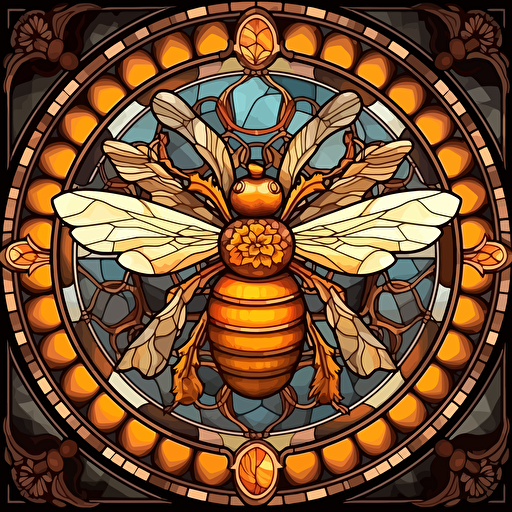 circluar stained glass window, bee amd florals, hyper detailed, epic composition, vector design on the edges of the image