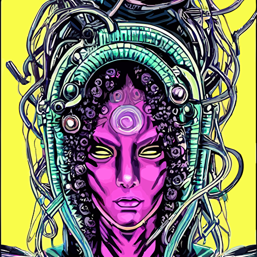 perfectly centered vibrant portrait illustration beautiful puzzled looking nebulapunk cyberpunk medusa symmetrical facial features accurately symmetrically drawn body style epic golden age sci fi comic book cover awesome pose wearing cool cyberpunk outfit lots large ravepunk bio luminiscent snakes hair tall cybernetic tower lots glowing buttons super highly detailed professional intricate professionally hdr digital artwork rpg portrait digital airbrush painting extreme illustration concept art smooth maximalist dreamscape rococo surreal dark art cosmic horror lovecraftian style aetherpunk cinematic hyperdetailed hyperrealistic enchanting otherworldly arthouse sinister mood cosplay sense awe exquisite award winning picture glowing rich colors ethereal backlight background 300 dpi 8k resolution hd quality cinema 4d 3d 3d final render 3d shading unreal 5 octane render 3d rim light dynamic lighting atmospheric lighting iridiscent background accents golden ratio psychedelic highlights dramatic shadows anamorphic lens sharp focus trending gsociety trending artstationhq trending deviantart neon noir bokeh professionally post processed wide angle action dynamic portrait