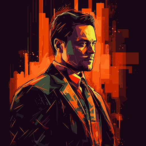 2D vector Jordan Belfort (Leonardo DiCaprio) in minimalism cyberpunk style and in orange colors. Dark background