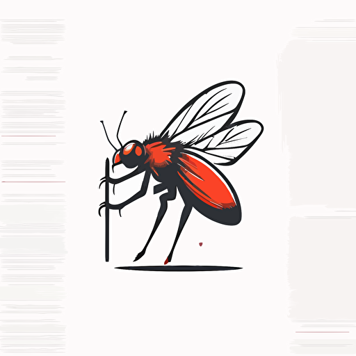vector art logo of housefly with legs holding thin pole. Red palette. Minimal style.