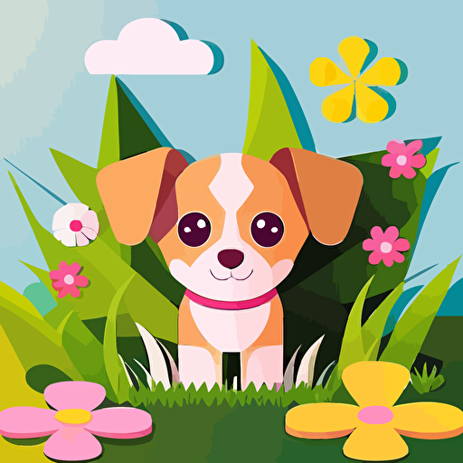 A cute puppy dog minimalistic vector art with a white and brown coat, floppy ears, and big round eyes, sitting on a patch of green grass, surrounded by yellow and pink flowers, a butterfly hovering in the air, conveying innocence and playfulness, Papercraft, cut and folded paper art,