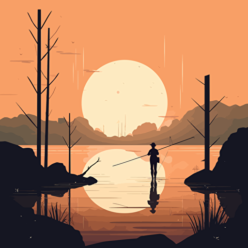 primitive humans fishing with spears along the shore as the sun is setting and the moon is rising, minimalist design, vector