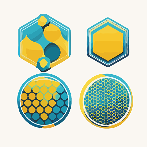 Vector sticker style, circle border, plain background, yellow, blue toning, business logos geomtric shape