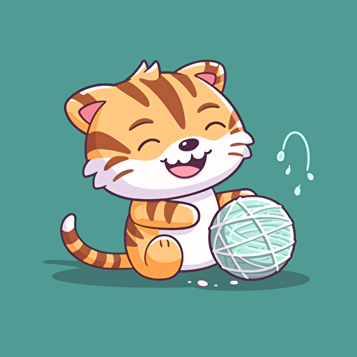 A tiger is playing with a ball of yarn like a cat ,in the style of playful cartoonish illustrations,vector look, 2d game art, kawaii, edmund leighton, simple
