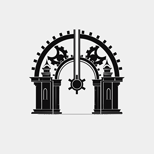 create a logo with a gear in the middle and two gates surrounding it, mirror images of each other, simple, vector, black and white