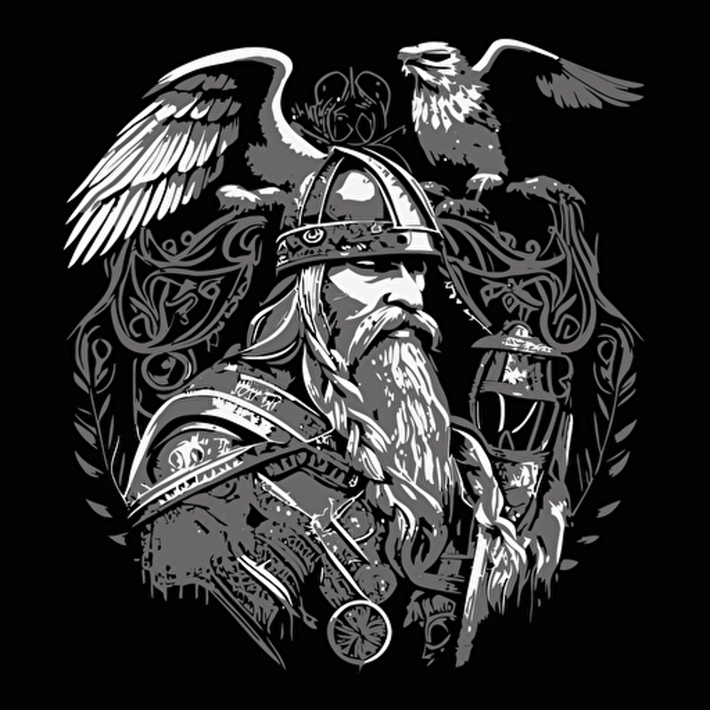 odin full viking armor, art work, black and white, vector style, only two ravens in background
