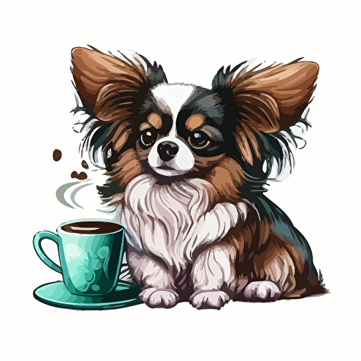 papillon dog with a cup of coffee, vector art logo design, clipart, cartoonistic, white background
