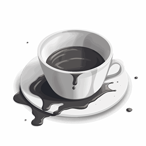 grayscale simple vector image of coffee cup lying on its side with a small pool of coffee that has spilled out