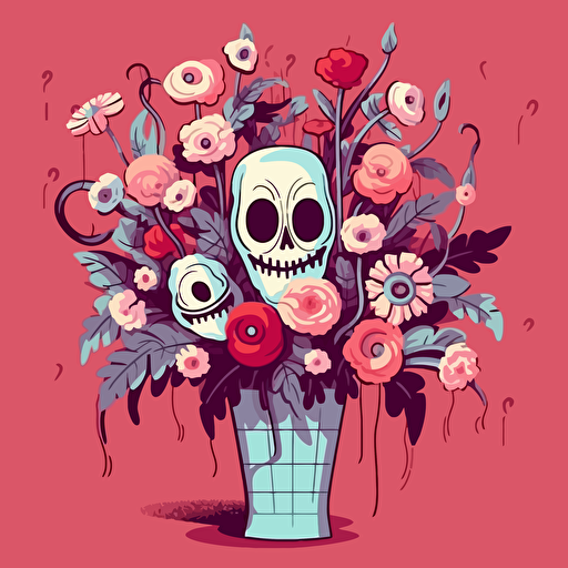 sinister-looking Valentine’s day flower bouquet in vector art cartoon style, flat color,