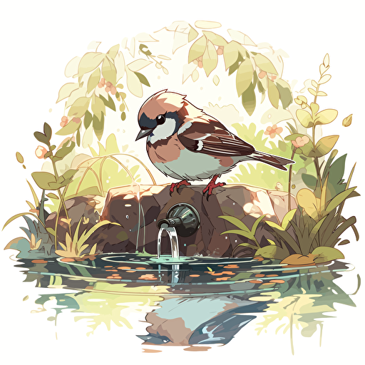 a sparrow drinking water in pond, vector illustration