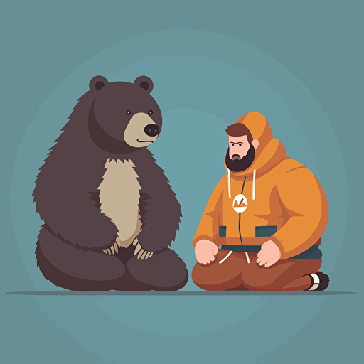 First Bear is layed out flat on the ground. Second Bear is standing slightly kneeling with one knee on First Bear's stomach, Both Bears wearing jiu jitsu clothes,, vector animation illustration, 4 colors limit, solid background, high resolution