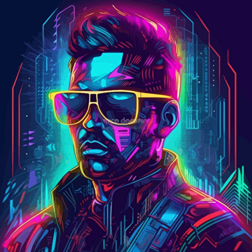 digital vector avatar, a transhumanist man wearing futuristic neon light glasses, cyberpunk and futurist world, background with shapes of vibrant colors, neon lights,