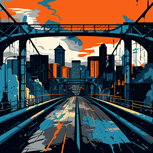 a vector image of a bridge connecting a prison to a city, urban, blue and orange and dark gray, graffiti style