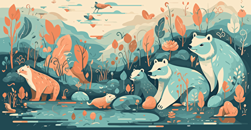 vector illustration of water and bears in a river, in the style of light teal and light brown, animated gifs, eclectic collages, playful and whimsical depictions of animals
