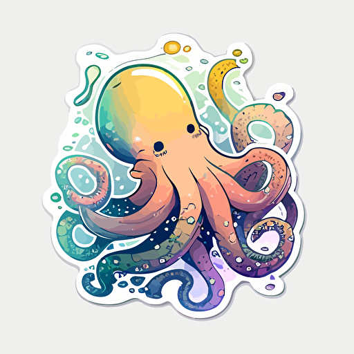 Octopus, Sticker, Joyful, Flashy Colors, Anime, Contour, Vector, White Background, Detailed