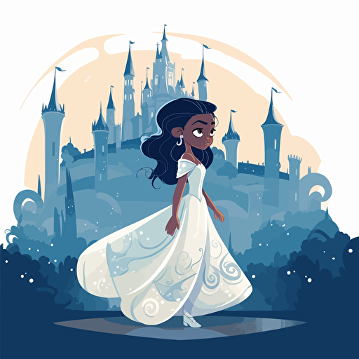 Vector illustration full view image of a cute, adorable, beautiful little mix race girl princess, wearing a white and blue long gown in and she is searching throughout the castle for something she lost, in vivid colors, Disney Style