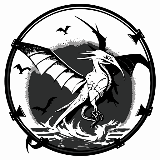 black and white vector drawing of a pterodactyl holding an anchor, logo, circular