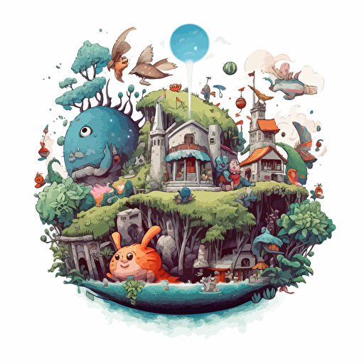 round up design with digital retro illustration of tiny creatures inspired by Studio Ghibli, vector illustration, intricate details, highly detailed, sharp, white background