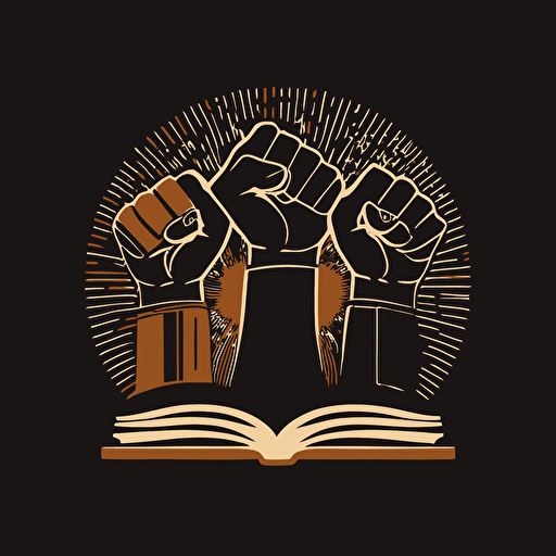 flat vector art, logo for book club, three fists in the air, white fist, brown fists, black fist, book