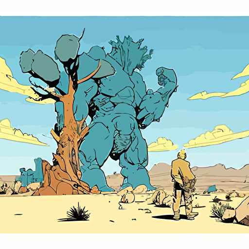 giant statue in the ground around joshua trees by moebius, comic book style, 2d vector art, flat colors