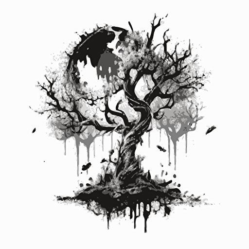 black and white vector image of magical fruit tree decaying