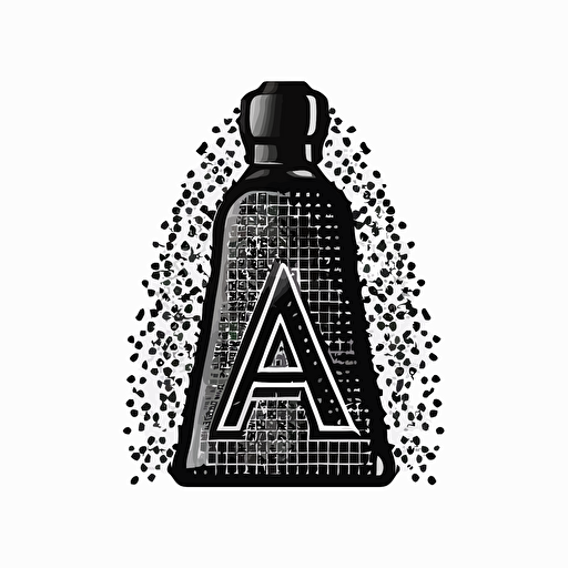 a futuristic pixel iconic logo of a a fragrance bottle made of different alphabets, black vector on white background.