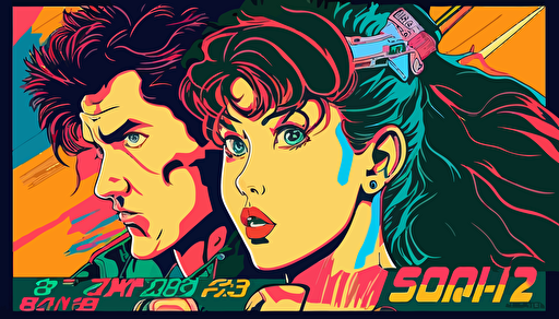 a movie credits with the date Late 1980s, anime style, color pop, flat vector art, bright colors, high resolution