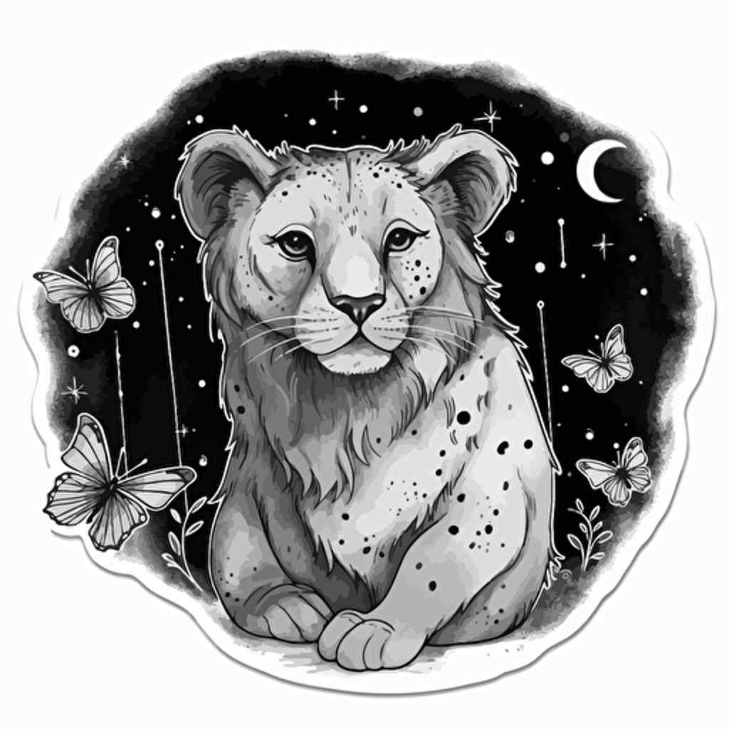 little black cartoon lion surrounded by butterflies, constellations, starry sky, Beautiful Gothic Fantasy, Watercolour cartoon, minimalistic illustration, in black and white vector, sticker