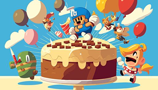 Super smash Bros with a birthday cake, with balloons, vector art, flat background