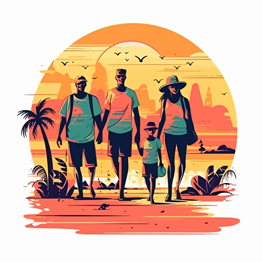 2d vector style art, family on a beach, vibrant colors, on a white background