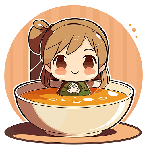 anime girl sitting in a big bowl of miso soup, 2d, vector art, cute, chibi, smiling, happy, mouth open