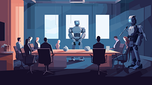 Vector color illustration in Calvin Sprague style, the illustration shows a cabinet room. 10 people are sitting around a long work table on which many work files are placed. A small friendly robot approaches the table carrying in its arms a large file. Flat design.