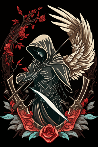 hooded reaper with bow and arrow and wings vector art style moral patch