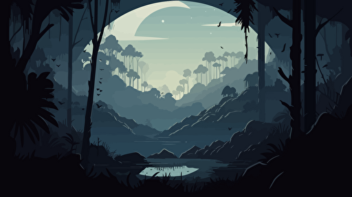 impact crater on a foreign jungle planet in the middle of a forest, slightly dark, mysterious, flat vector illustration