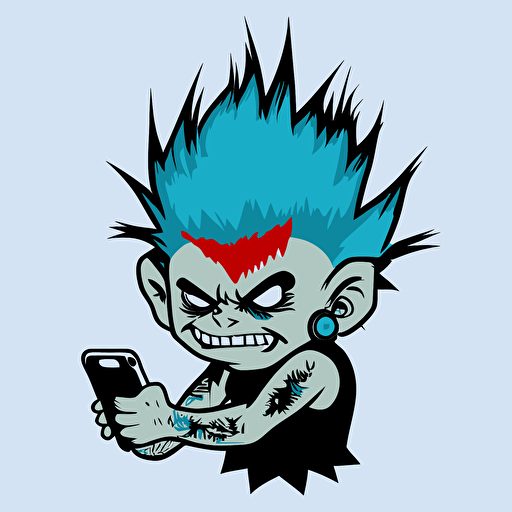 punk rock troll on a smart phone, vector logo, vector art, emblem, simple cartoon, 2d, no text, white background